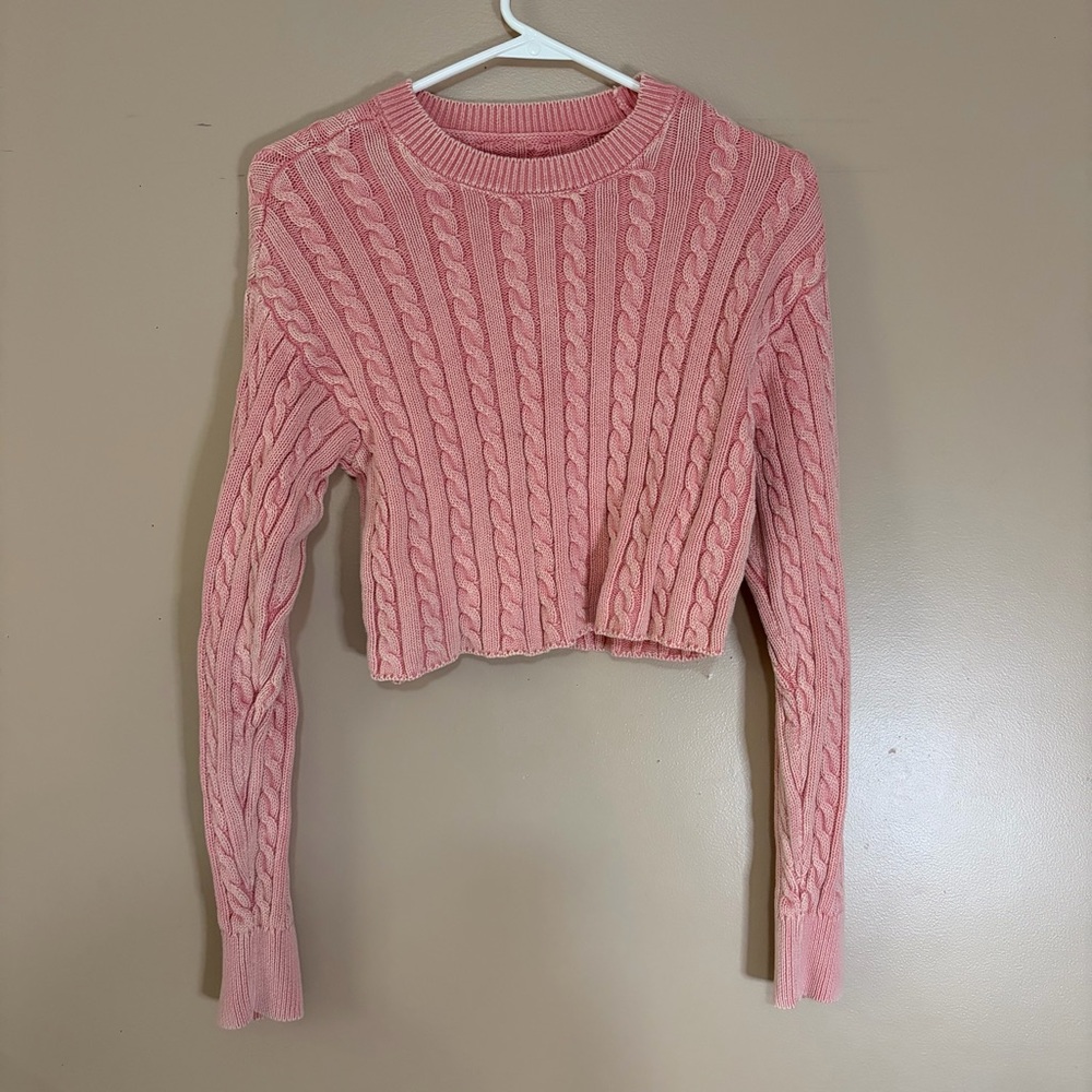 aerie Pink Cable Knit Cropped Crewneck Sweater